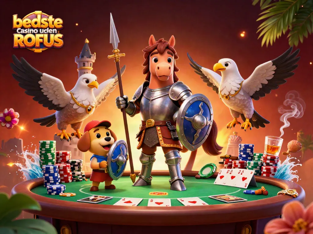 Experience the thrill of bedste casino uden ROFUS with knights and poker in a vibrant 3D scene.