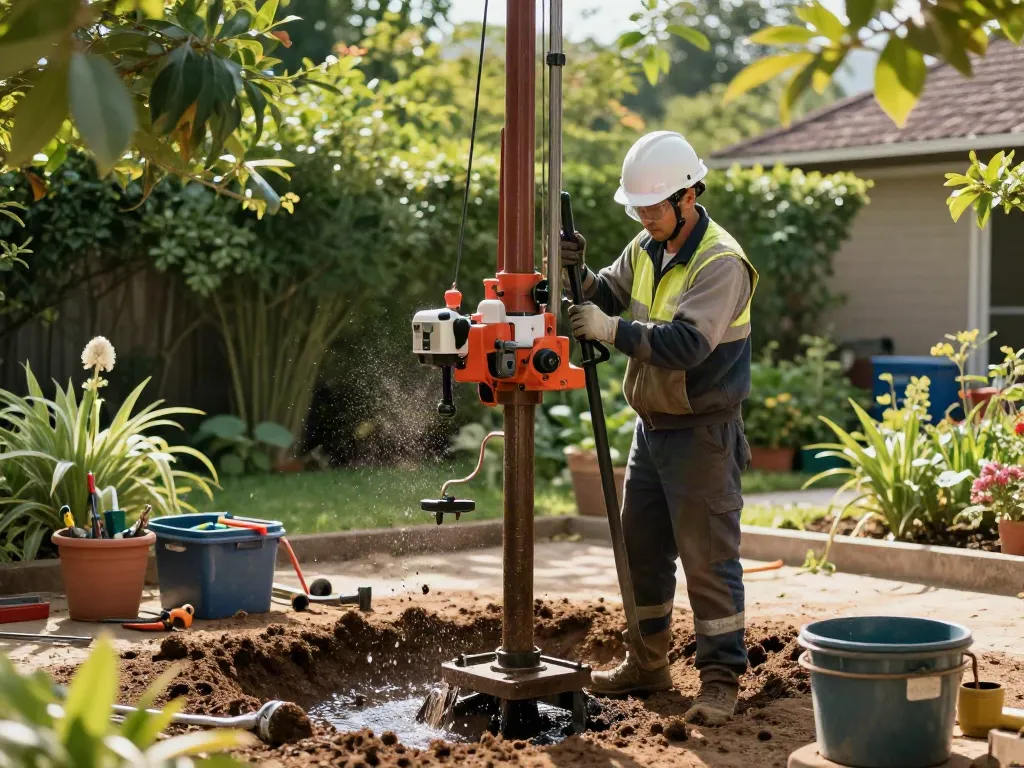 Techniker bei Brunnenbohrungen im Garten mit Bohranlage und Werkzeugen.