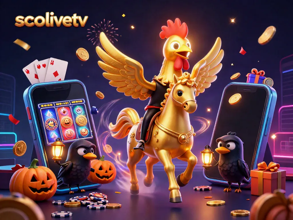 Socolivetv features a golden rooster riding through a midnight casino, showcasing vibrant gambling elements.