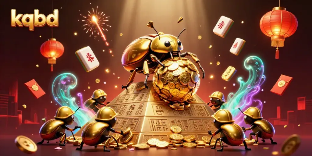 Experience kqbd excitement with a golden beetle rolling treasure up a pyramid, illustrating vibrant casino elements.