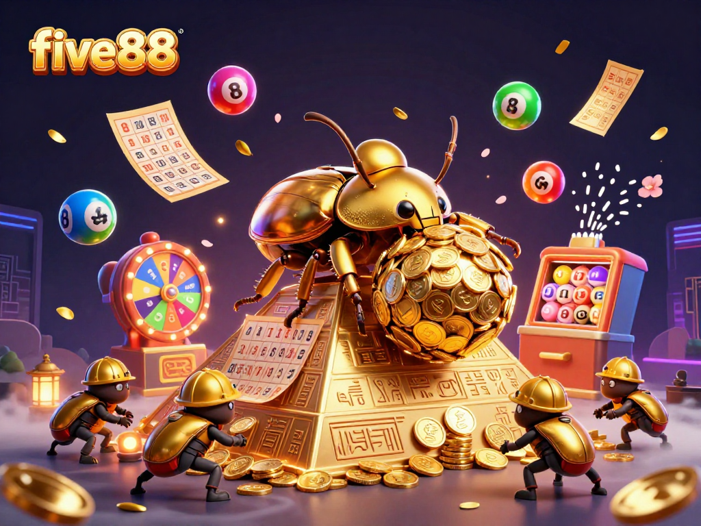 Explore the dynamic world of five88 as cartoon beetles roll golden coins amid lottery excitement.