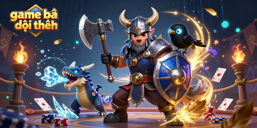 Experience the thrill of game bài đổi thưởng with a dynamic Viking wolf warrior, fierce dragon, and glowing raven in a casino setting.