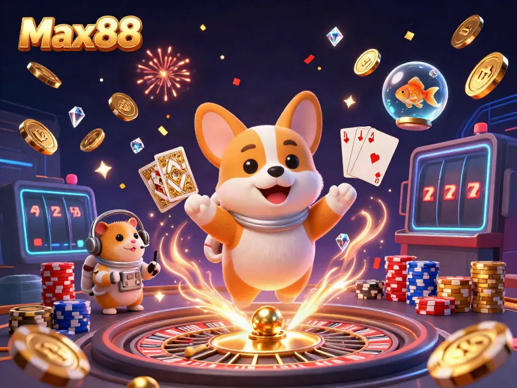 Max88 engages players with a fun casino scene featuring a floating corgi and dynamic gaming elements.