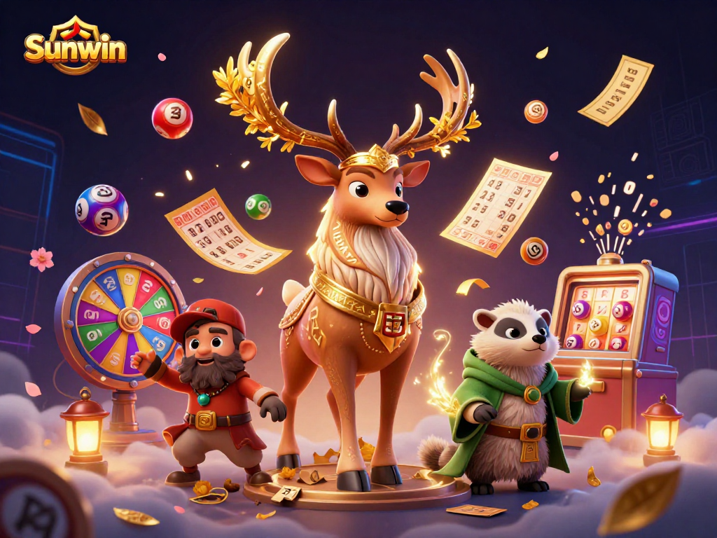 Experience the magic of Sunwin with vibrant gaming elements in an enchanting scene.