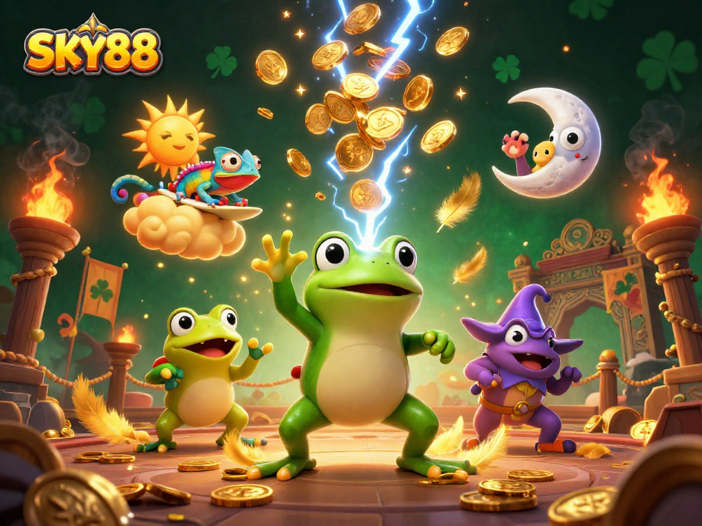 Win big with SKY88 in a vibrant 3D illustration showcasing casino excitement and golden rewards.