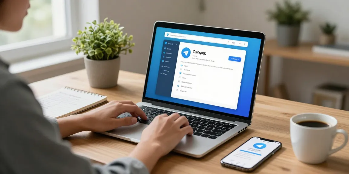 Setting up Telegram中文 in a modern home office workspace with natural light.