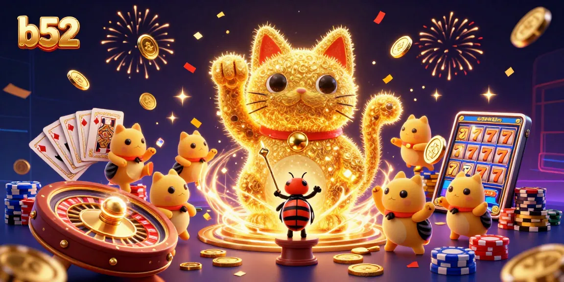 Win big with b52 through this vibrant, dynamic casino-themed illustration showcasing a lucky cat and engaging game elements.
