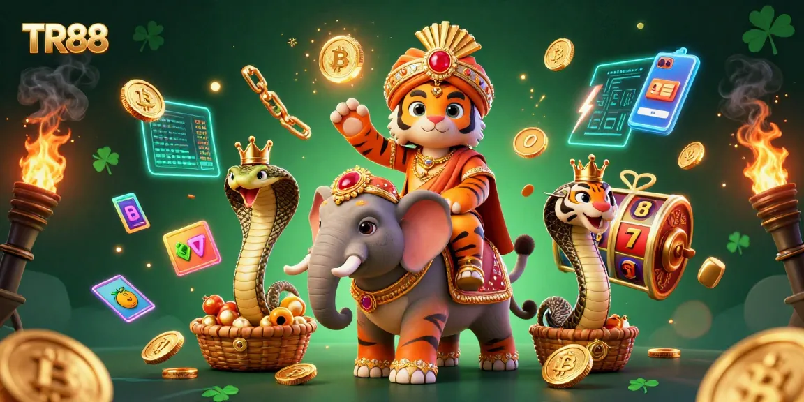 Engage with TR88's vibrant casino adventure featuring a majestic tiger and elephant in a rich 3D illustration.
