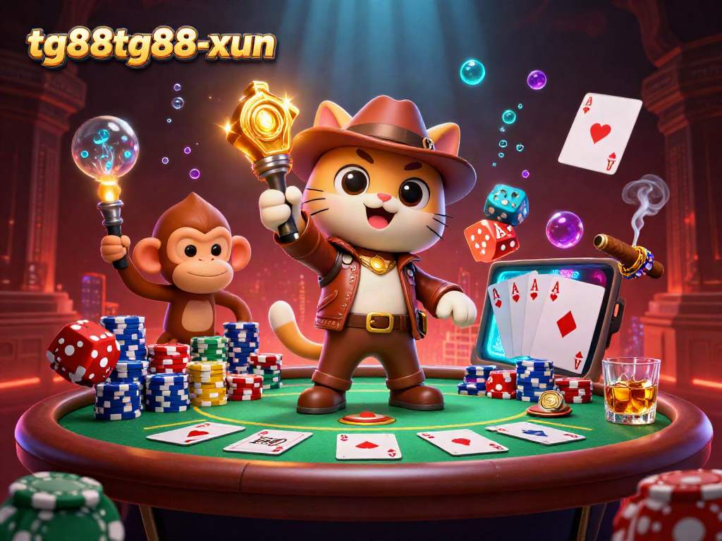 Engage with tg88tg88-xun as a cartoon explorer cat discovers golden casino artifacts in an adventurous scene.