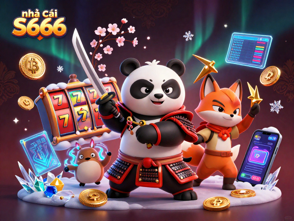 Experience the excitement at nhà cái S666 with dynamic scenes of vibrant slot reels and gambling elements.