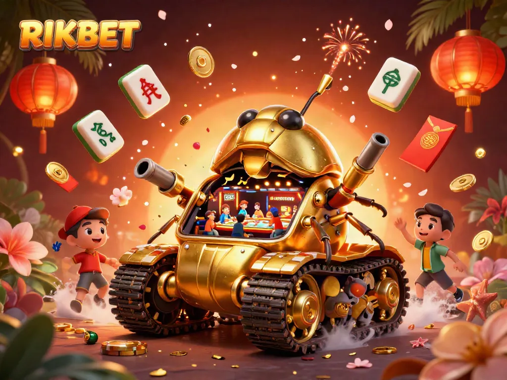 Engage in thrilling mini casino adventures with RIKBET's vibrant illustration featuring fun games and festive elements.