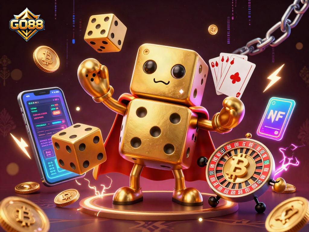 GO88 gaming experience illustration featuring golden dice and crypto elements for online casinos.