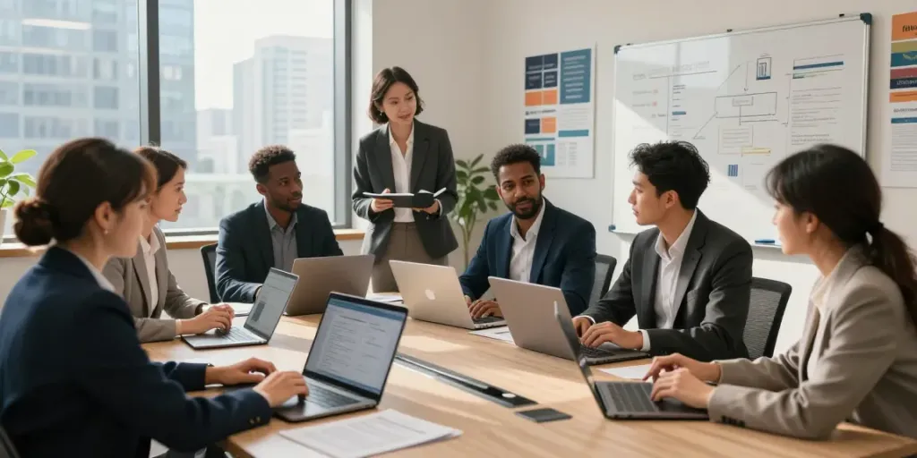 Equipe discutindo soluções financeiras para bpi empresas em ambiente de escritório moderno.
