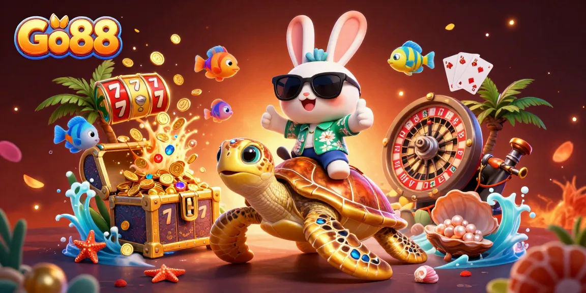 Engage in thrilling gambling adventures at Go88 with a cartoon lucky rabbit and golden sea turtle.