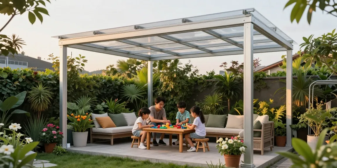 Terrassenüberdachung freistehend im Garten, Familie entspannt unter dem modernen Dach.