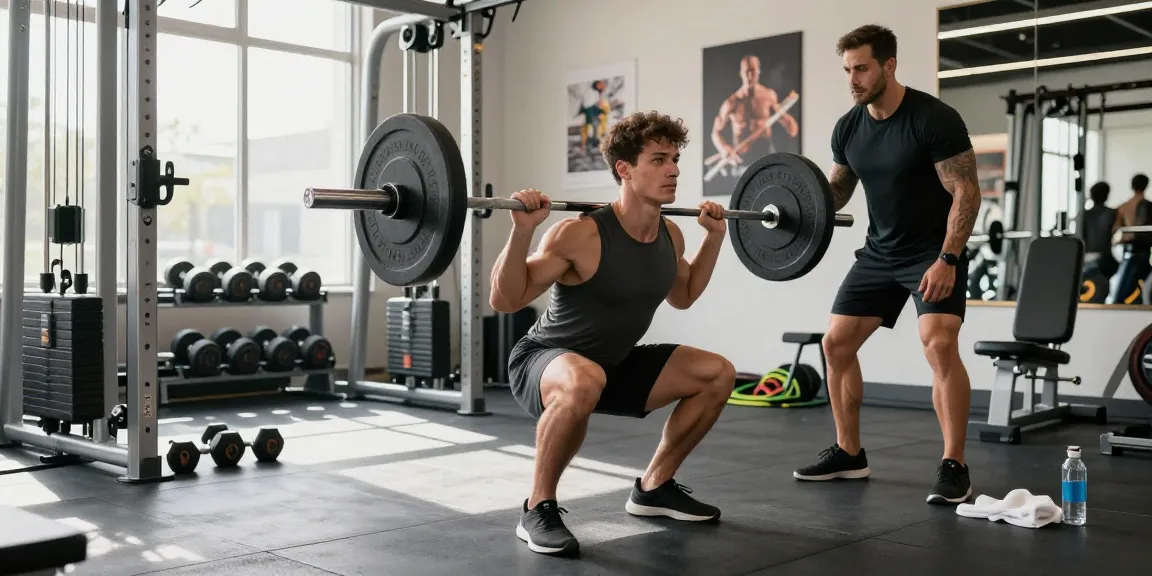 Trainierender Athlet im Selliza Shop Fitnessstudio mit perfekter Technik bei der Kniebeuge.