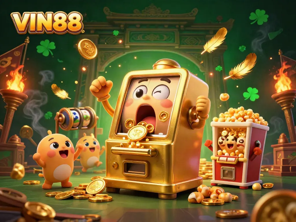 Experience the excitement at VIN88 as a golden slot machine celebrates a jackpot with cheering baby slots.