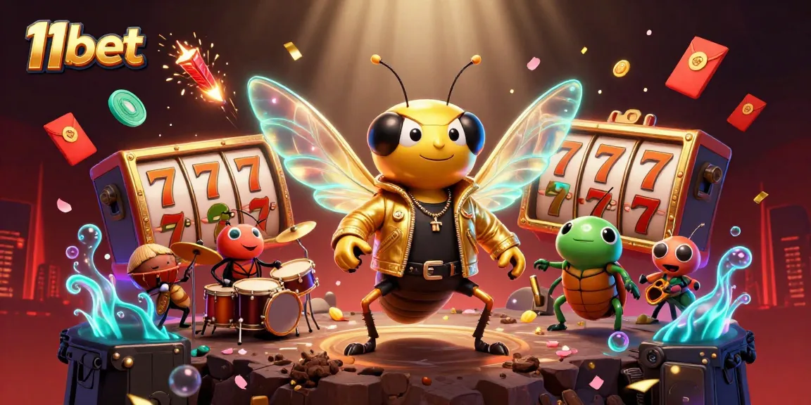 Experience the excitement of 11bet gaming with dynamic casino elements surrounded by a vibrant rock star scene.
