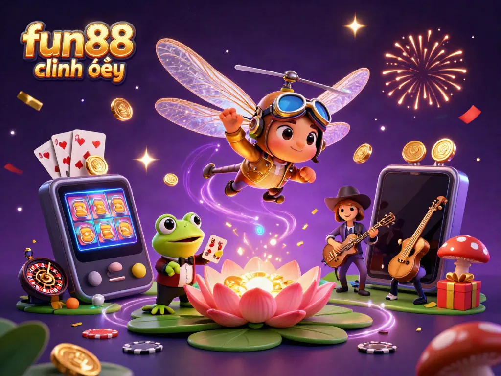 Experience the excitement of fun88 chính thức with a vibrant 3D casino scene featuring a dragonfly pilot and frog croupier.
