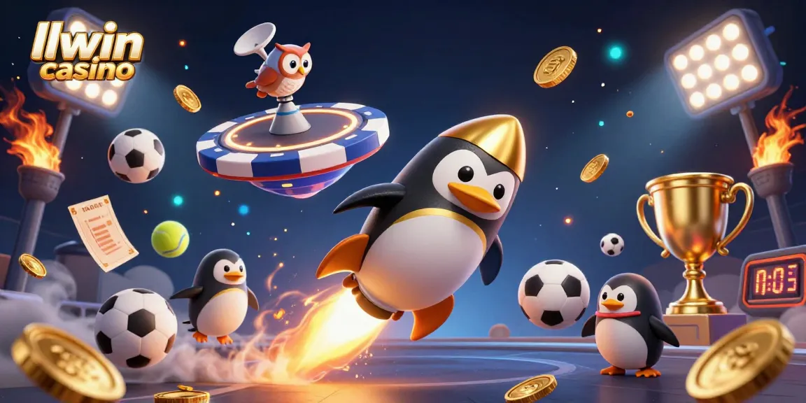 Experience the excitement of llwin casino with a dynamic golden penguin soaring past casino space elements.