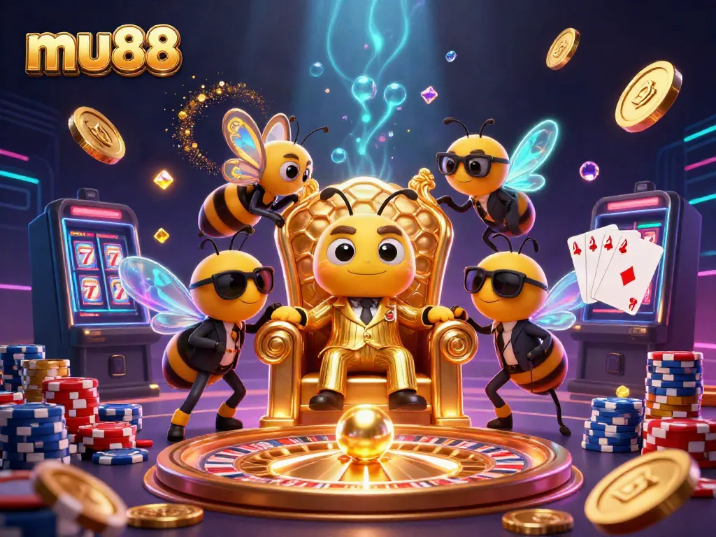 Experience the excitement of mu88 with a bumblebee mob boss in a vibrant casino scene filled with gold.
