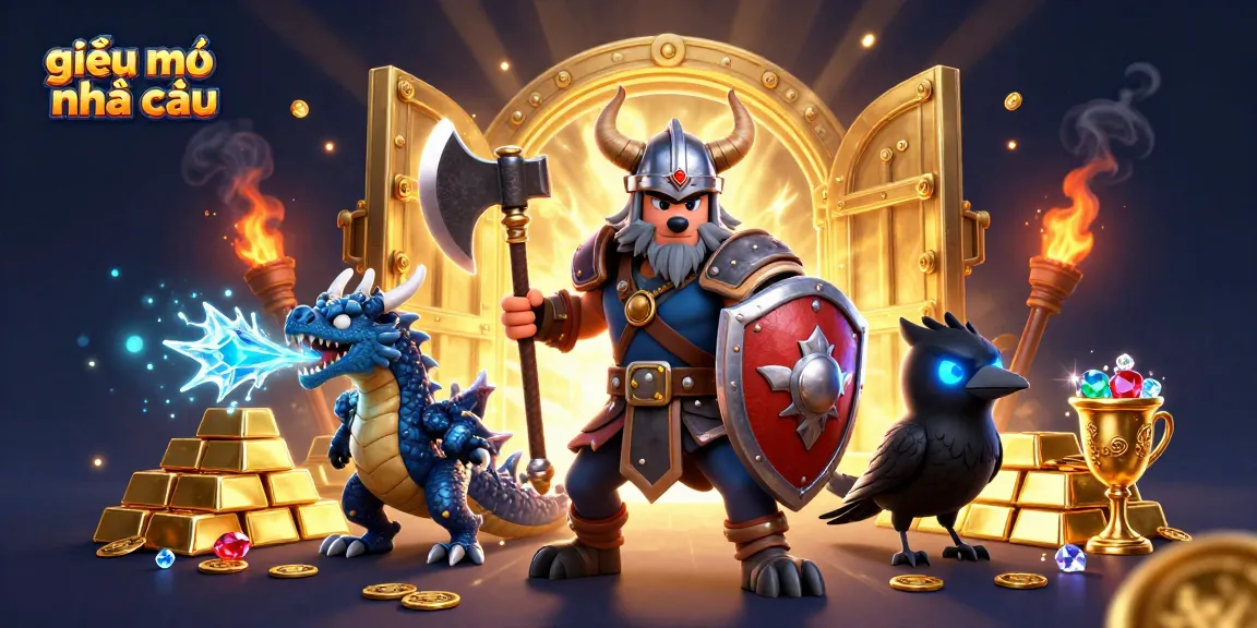 Experience the vibrant scene of giải mã nhà cái, featuring a Viking warrior, dragon, and treasures while playing online.