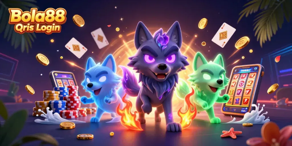 Engage with the excitement of Bola88 Qris Login featuring glowing wolves amid sparkling casino elements.