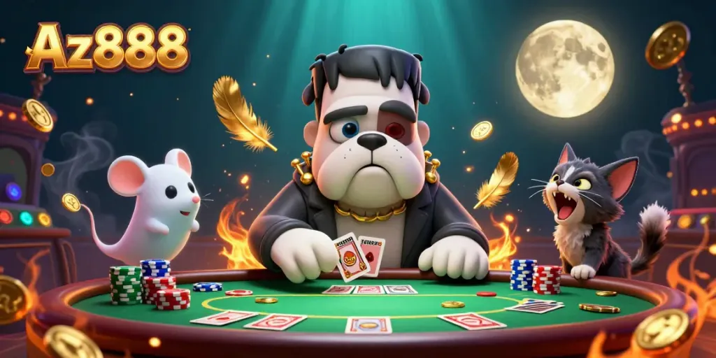 Experience thrilling gameplay at Az888 with a spooky casino scene featuring unique characters and animated elements.