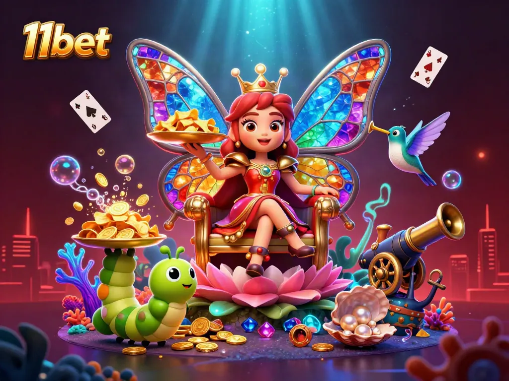 Experience the excitement of 11bet in a vibrant casino scene featuring a butterfly queen and treasures.