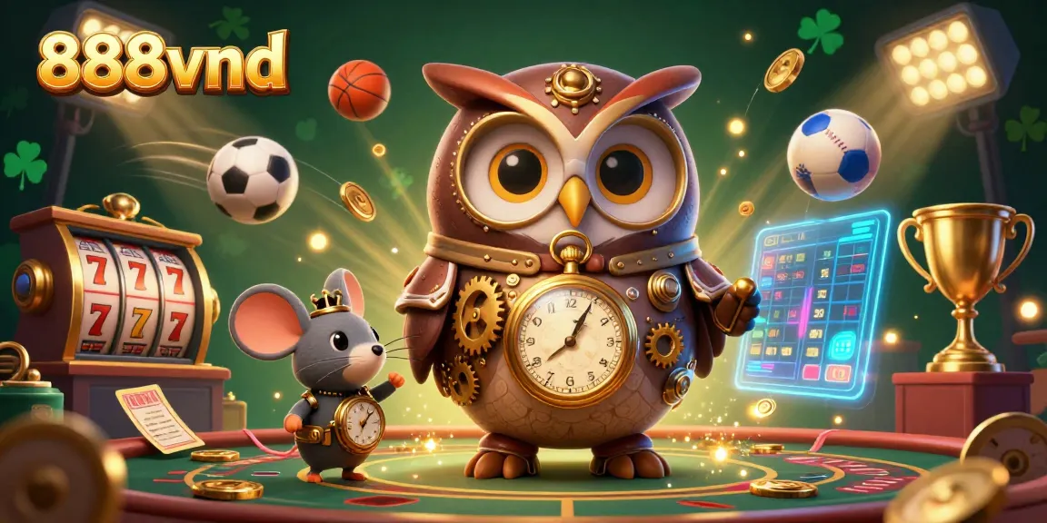Play exciting slot games at 888vnd with a steampunk owl and dynamic sports-themed elements.