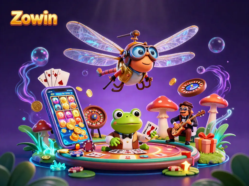 Zowin players enjoying vibrant casino games with exciting visuals in an animated environment.