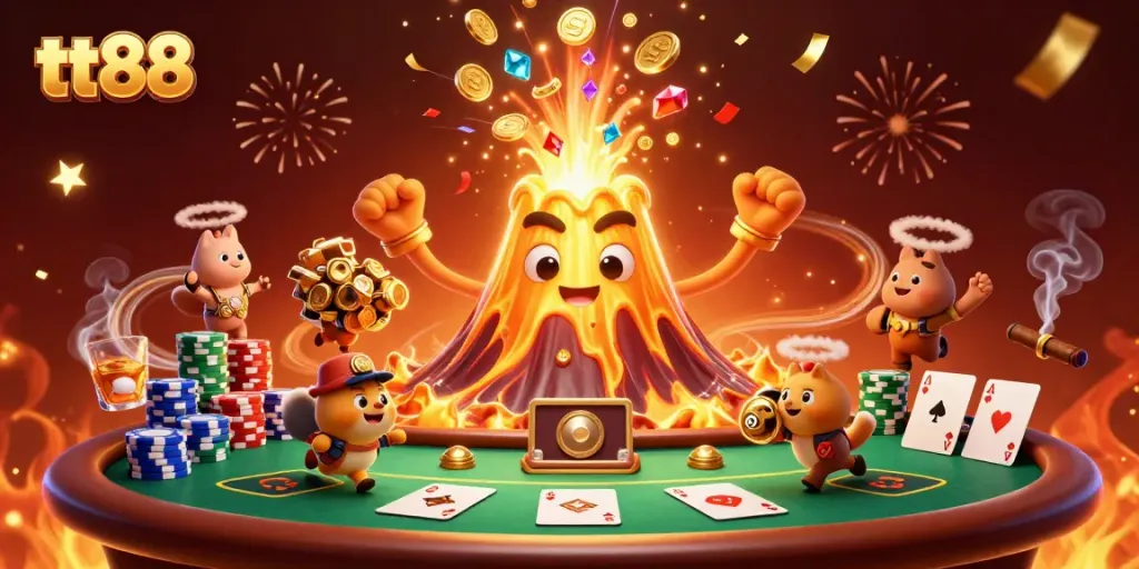 Experience the thrill of tt88 as a vibrant golden volcano erupts coins and treasures during gameplay.