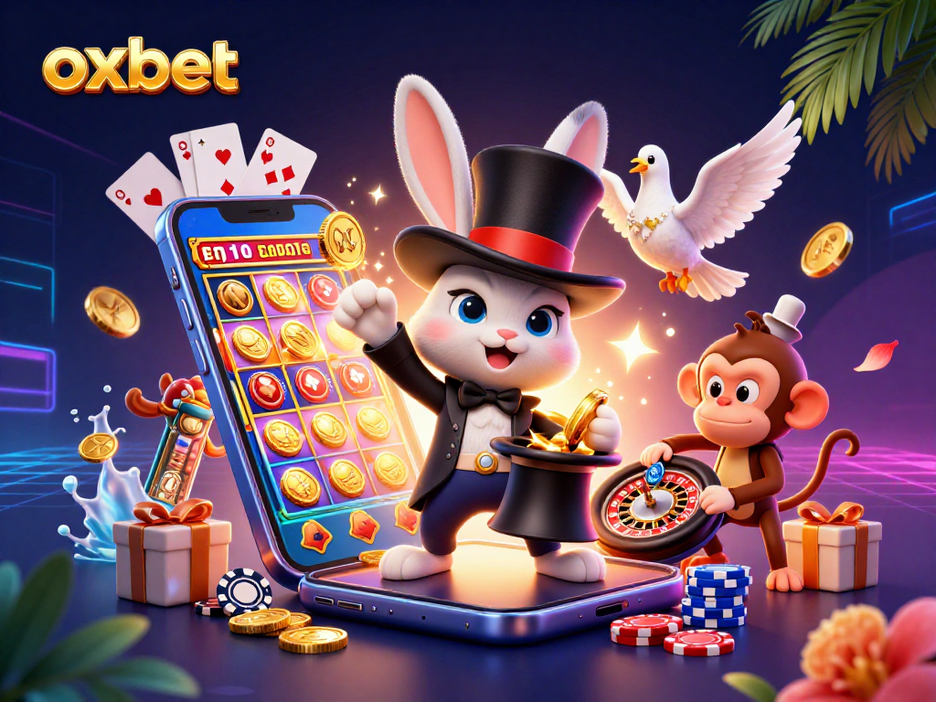 Experience thrilling gaming with OXBET as a magician rabbit conjures coins in a vibrant casino scene.