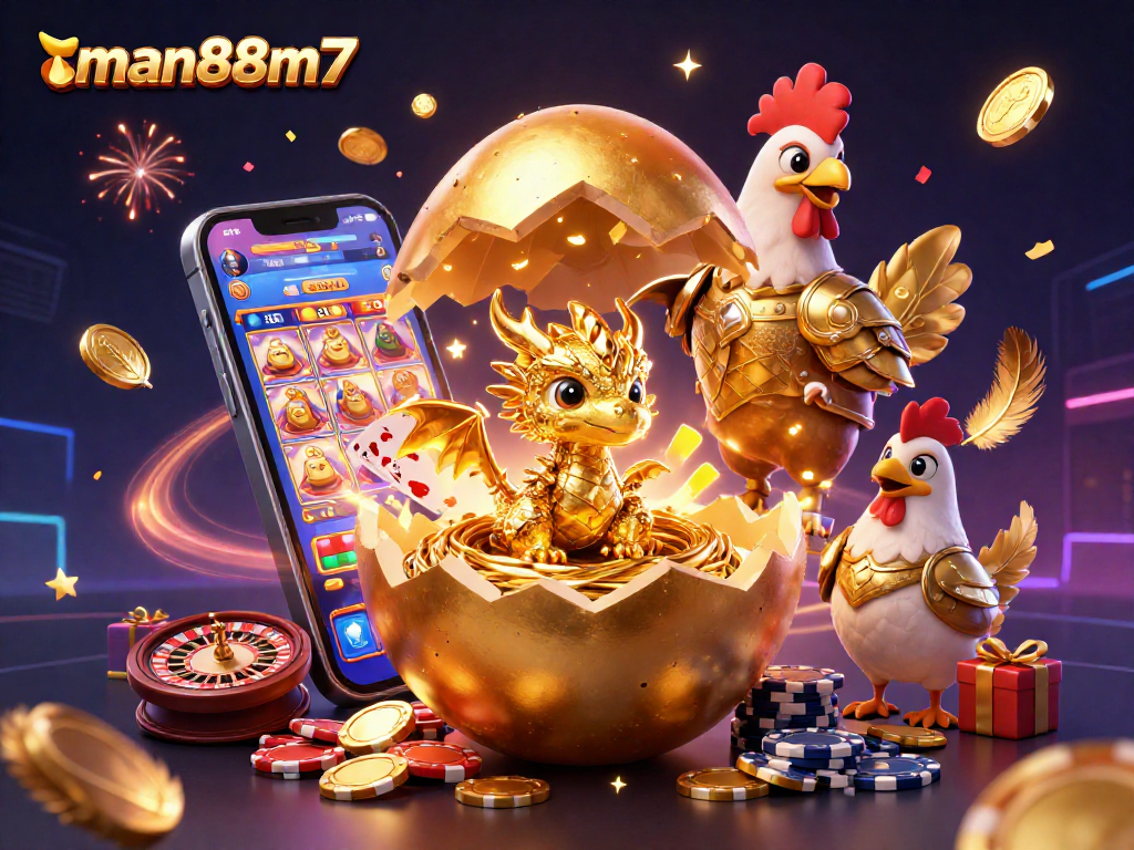 Engage in thrilling gambling adventures at man88m7 with a golden dragon emerging from poker chips amidst a vibrant casino backdrop.