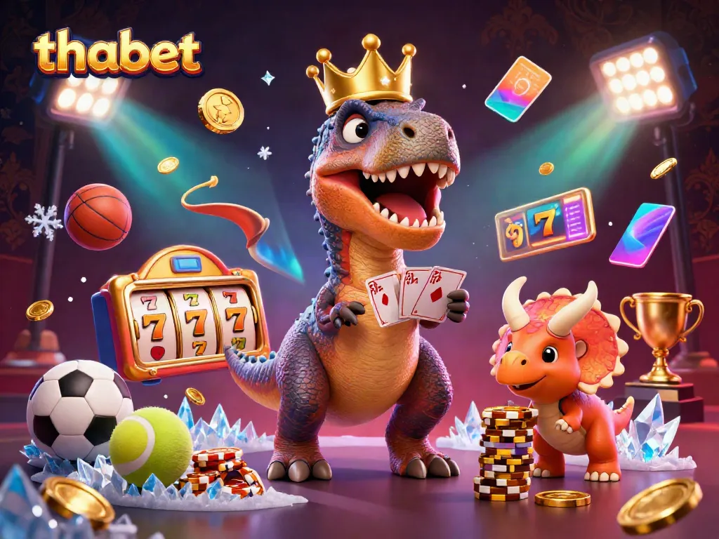 Experience excitement at thabet's online casino with a playful T-Rex dealing cards and colorful slot reels.