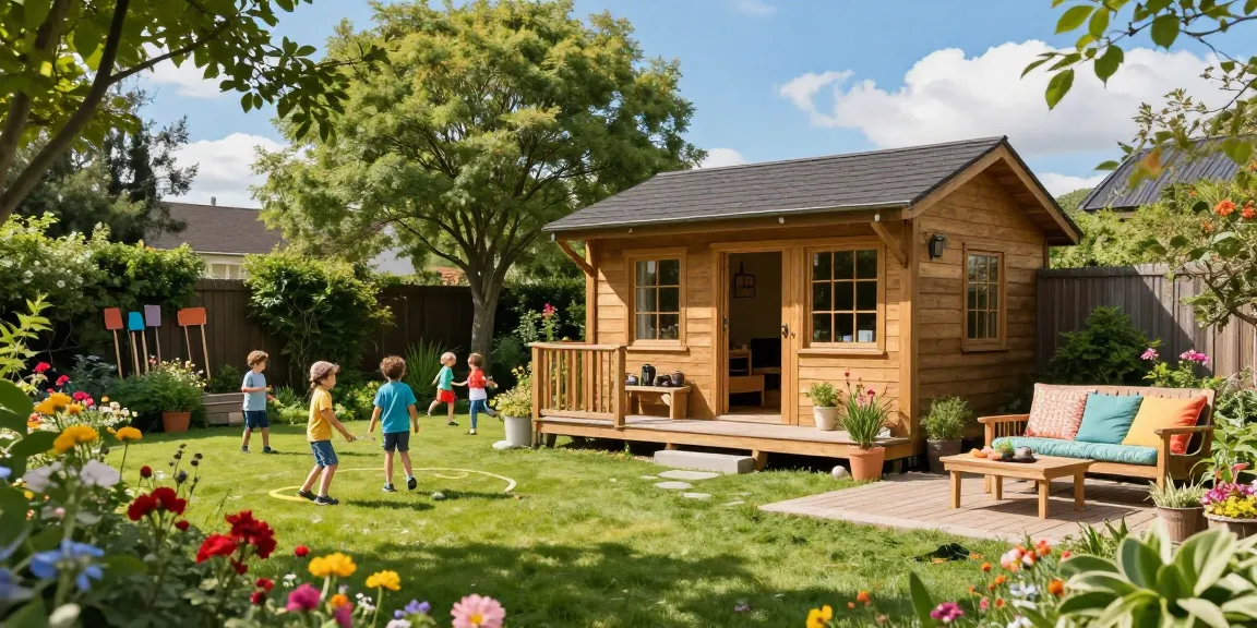 Ein Gartenhaus aus Holz umgeben von Blumen und einer Familie, die einen sonnigen Tag im Freien genießt.
