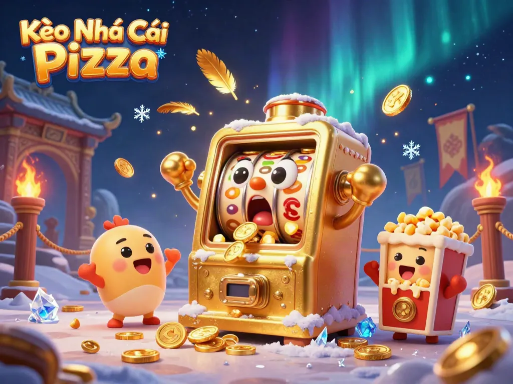 Kèo Nhà Cái Pizza slot machine hitting jackpot with coins pouring out and cheering machines around.