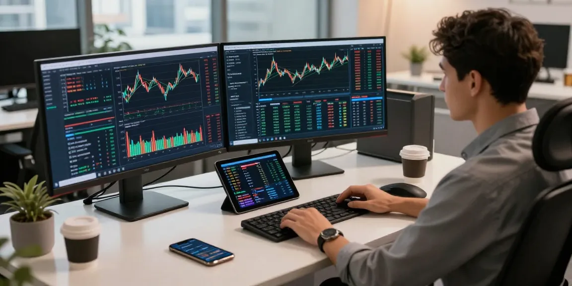 Finio24.com Bewertung: Trader an einem modernen Schreibtisch mit mehreren Bildschirmen und Trading-Tools in dynamischer Atmosphäre.