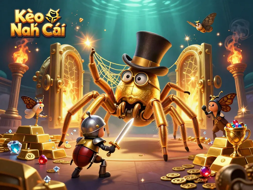 Kèo Nhà Cái showcases a thrilling 3D scene with a golden tarantula and a beetle knight amidst rich casino treasures.