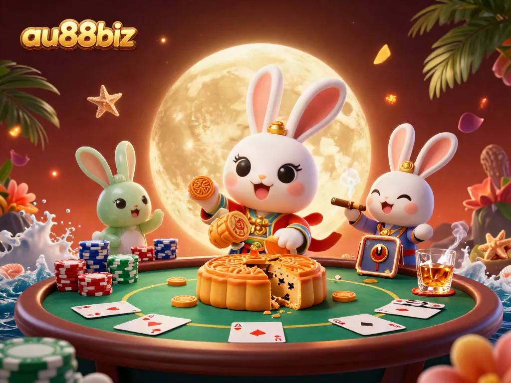 Engage with casino excitement at au88biz featuring a moon rabbit delivering sparkling poker treasures.