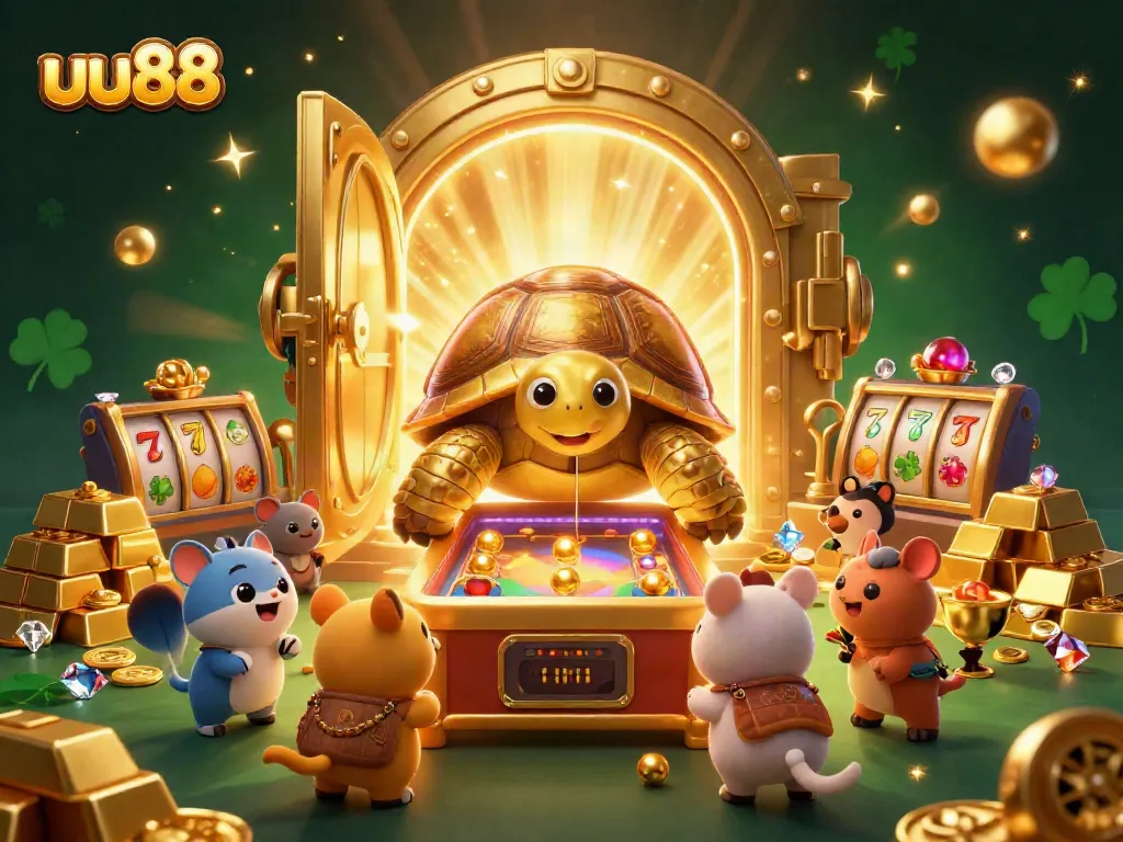 uu88 features an engaging golden tortoise, pinball gaming elements, and stacked treasures in an animated casino scene.