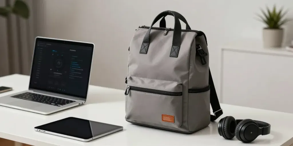 Rucksack Tasche Damen stilvoll präsentiert in modernem Arbeitsumfeld mit digitalen Geräten.