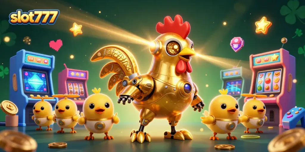 Menangkan putaran slot777 dengan robot ayam emas futuristik dan drone anak ayam di mesin arcade ceria.
