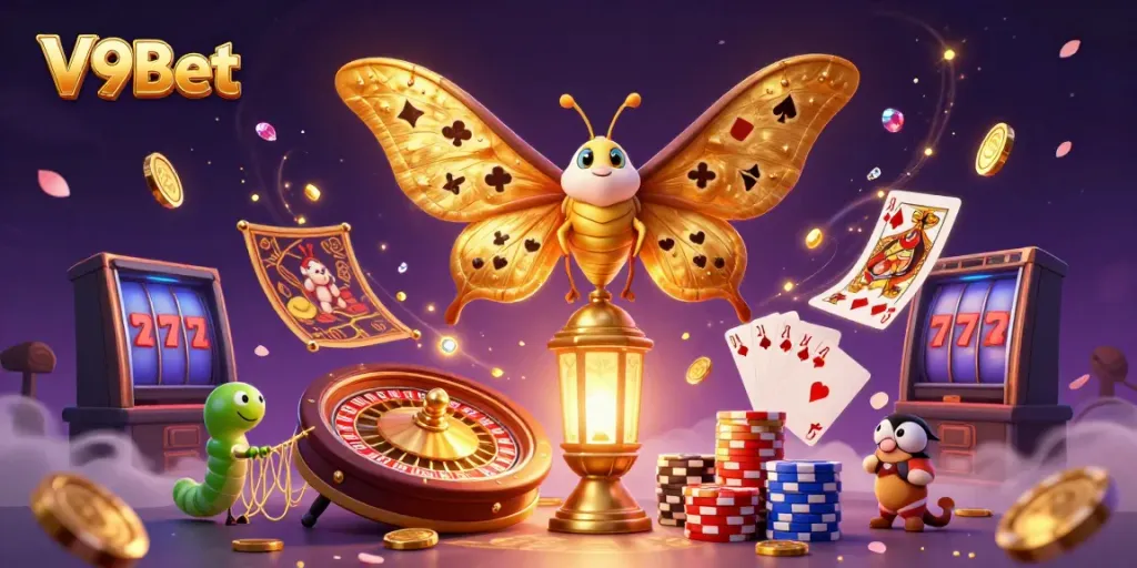Engage with V9Bet's vibrant gaming world featuring dynamic casino elements and a majestic moth.