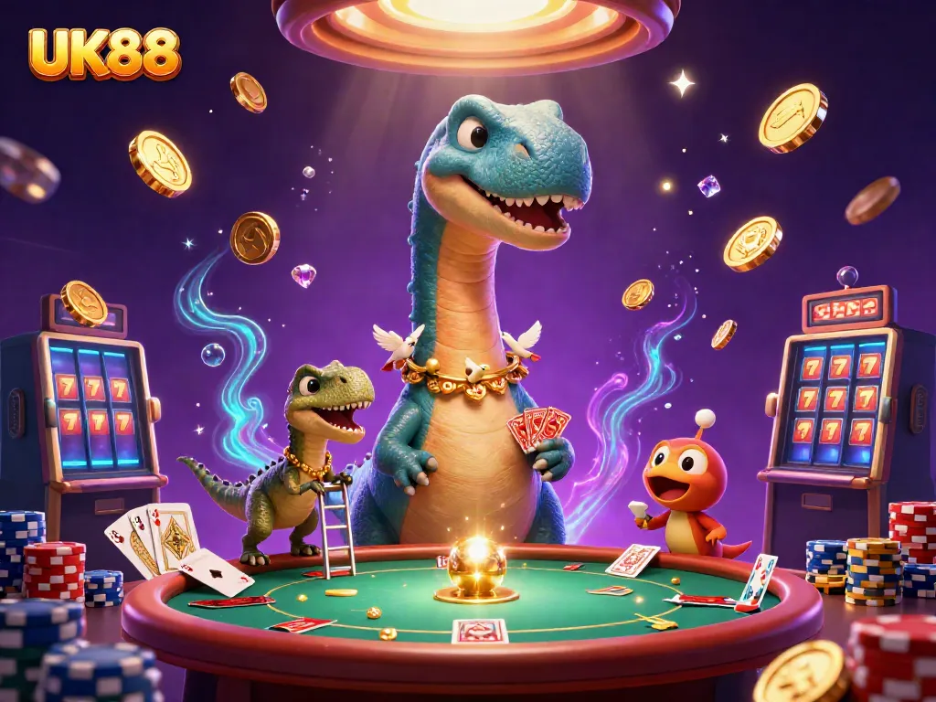 Experience the excitement of UK88 with a towering brontosaurus amidst a dynamic casino scene, showcasing vibrant gaming elements.