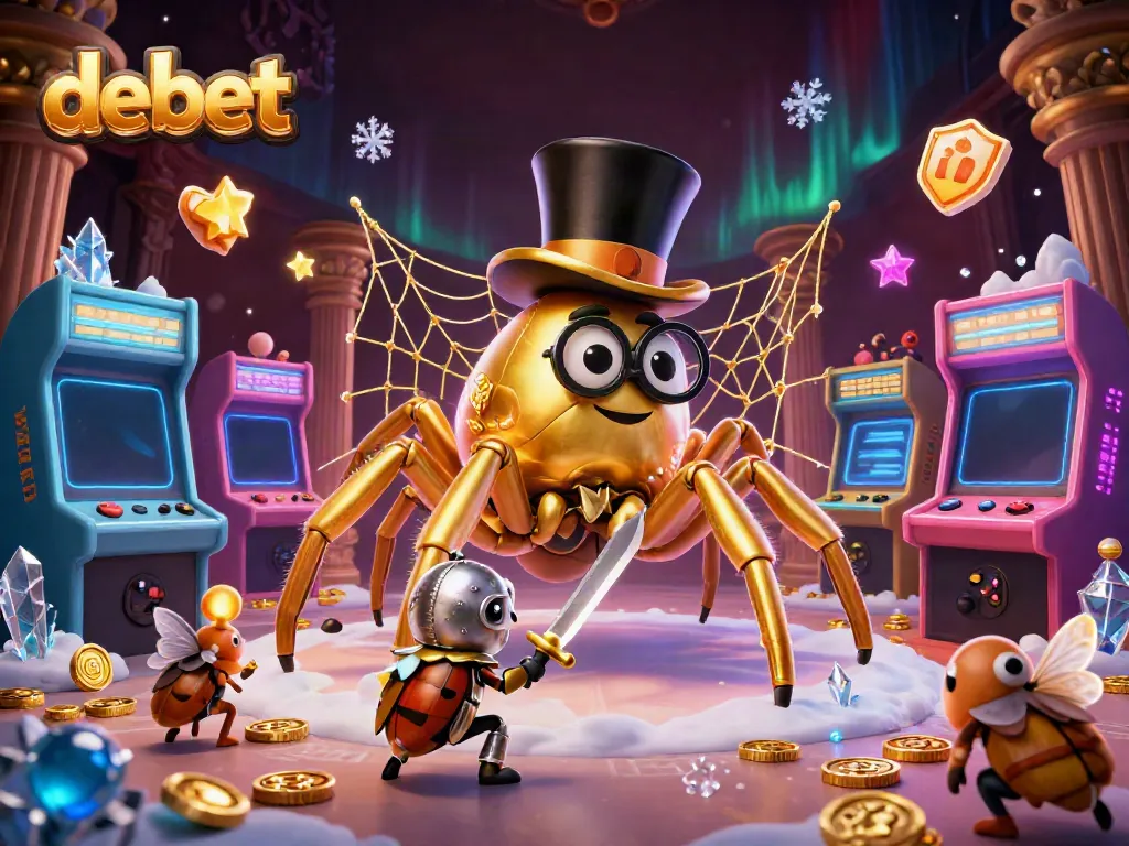 Experience debet's thrilling casino world with a giant golden tarantula and a brave beetle knight in a vibrant scene.