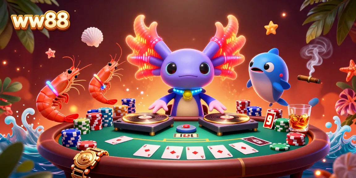 Experience thrilling gameplay at ww88 with a dynamic scene featuring a vibrant DJ axolotl and casino elements.