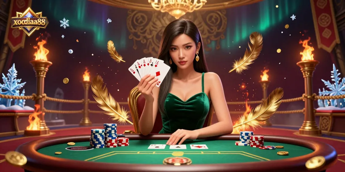 Xocdiaa88 showcases an Asian woman at a poker table with chips and golden tokens, emphasizing strategic gaming.