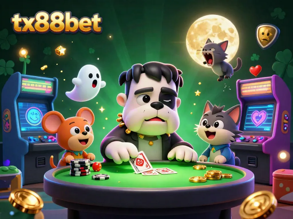 Engage with the vibrant world of tx88bet as a 3D cartoon Frankenstein bulldog deals cards at a spooky casino table.