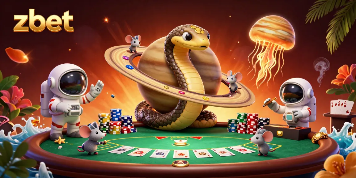 Experience thrilling bets with zbet in this vibrant cosmic casino scene featuring unique characters.